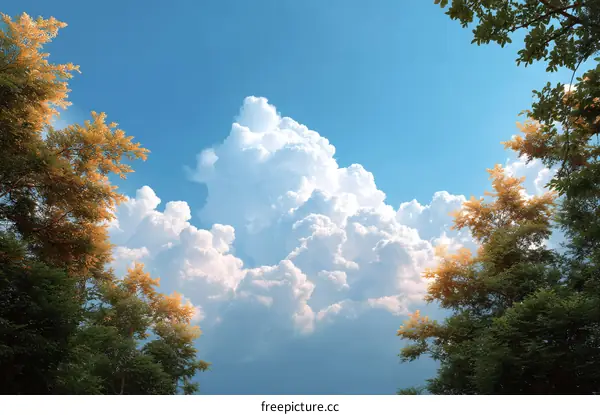 Beautiful Sky with Fluffy Clouds and Trees