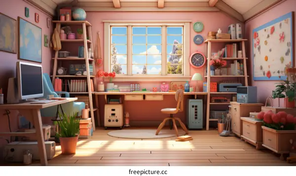 Cozy Pink Home Office with Mountain Views