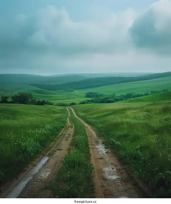 Scenic Dirt Road Through Rolling Green Hills