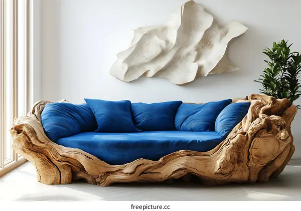 Unique Wooden Sofa with Blue Cushions