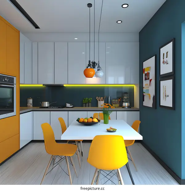 Modern Kitchen Interior Design with Yellow Chairs and Teal Walls