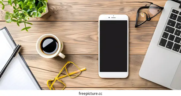 Top View Of Office Desk With Coffee And Laptop