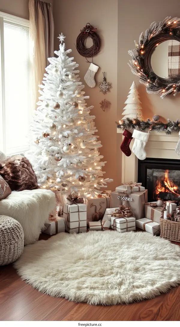 Cozy Christmas Living Room Decor with White Christmas Tree