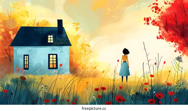 girl standing in a field of red flowers looking at a blue house
