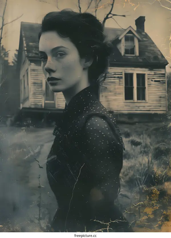 portrait of a woman in front of an old house