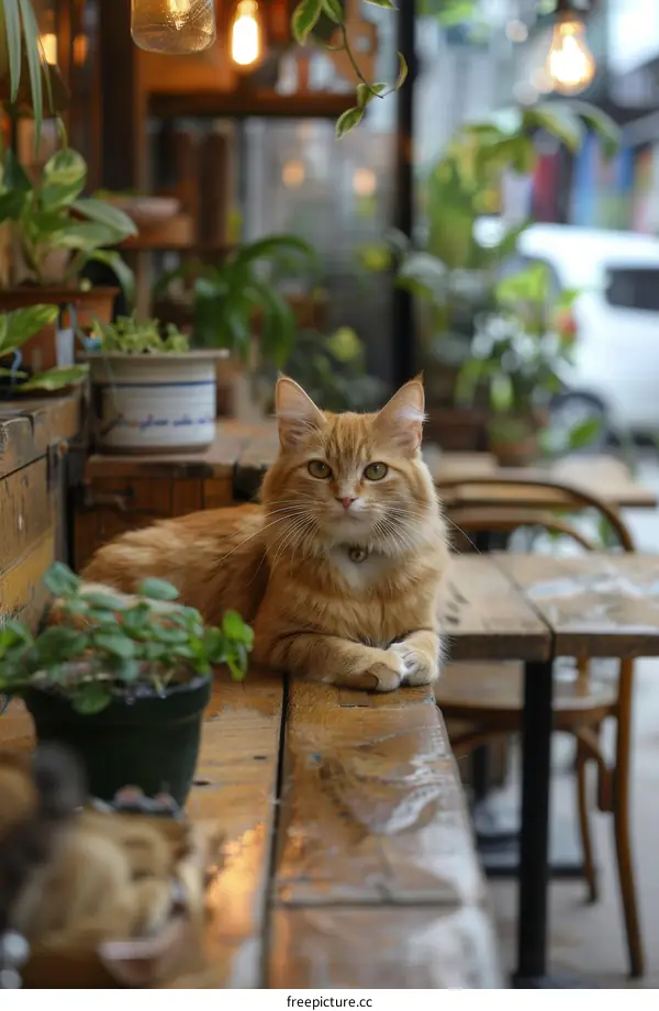 A ginger cat is sitting on a wooden table in a cafe.