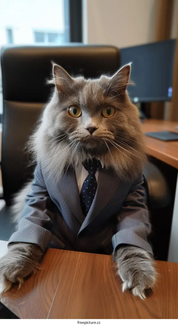 Fluffy Gray Cat in a Suit and Tie Sits at a Desk and Looks at the Camera