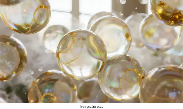 Colorful iridescent soap bubbles floating in soft light