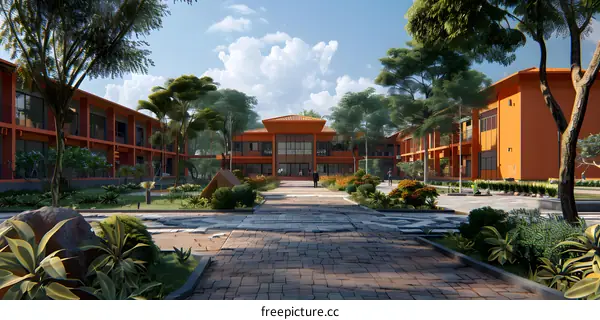 Exterior Design Of A Modern Building With Lush Greenery And Stone Pathways