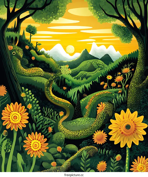 Fantasy Landscape with Winding Path and Mountains in the Distance