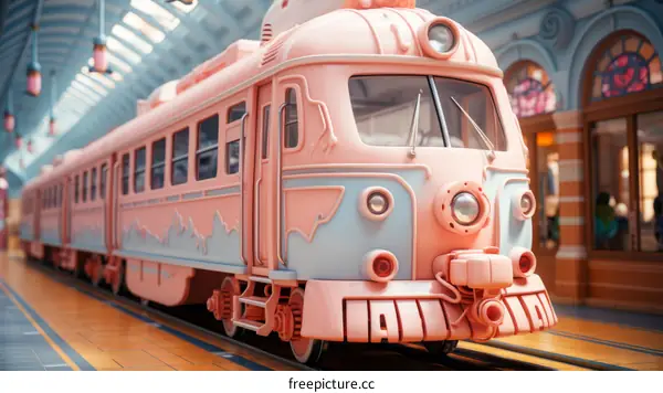 A pink and blue train sits in a station