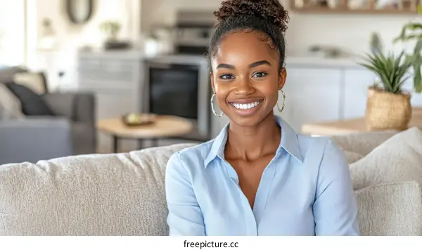 Smiling Black Woman Relaxing on Couch