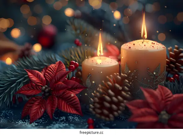 Christmas candles and poinsettia flowers