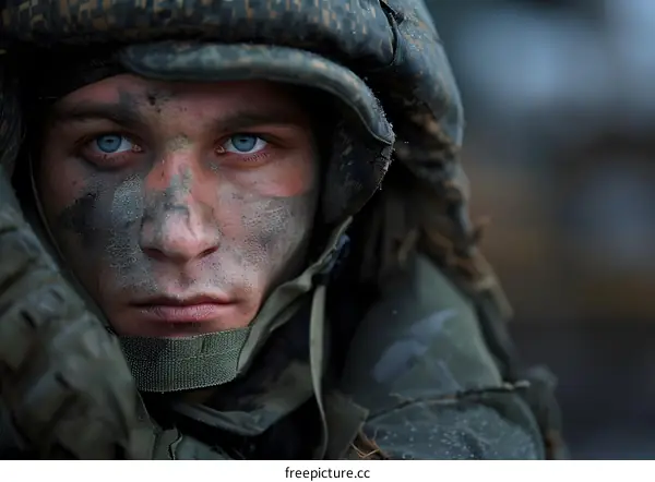 Portrait of a young soldier with blue eyes and camouflage on his face
