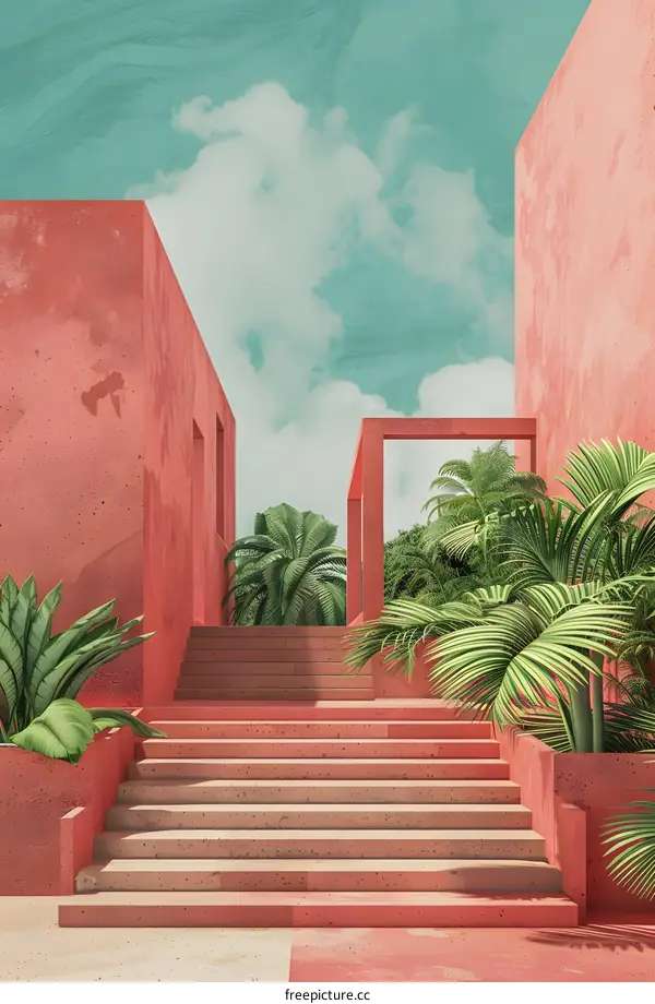 Minimalist Pink Concrete Stairs and Palm Trees