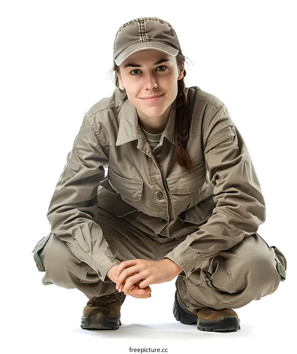 portrait of a smiling young woman crouching in khaki jumpsuit and cap