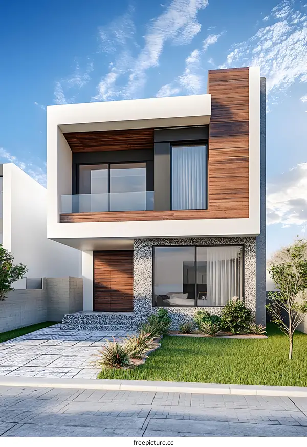 Modern Two Story House With Wooden Siding And Stone Accents