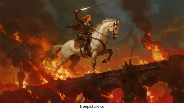 Warrior Woman on White Horse Charging Through Burning Bridge