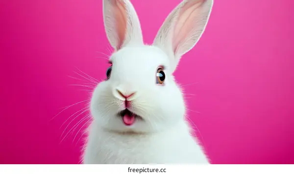 Cute White Rabbit Close-up Against Pink Background