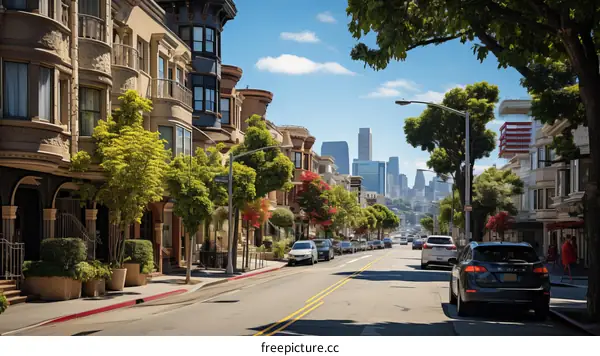 City street with trees and cars parked on either side