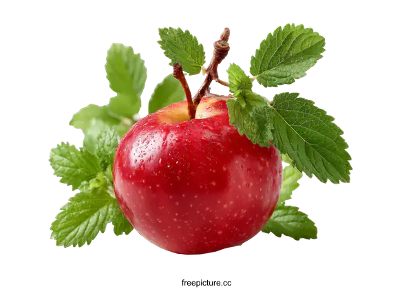 [Transparent Background PNG]Fresh Red Apple with Mint Leaves