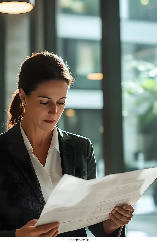 Businesswoman Reading Documents While Standing in Office