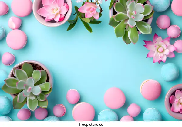 Pastel Pink Macarons and Succulents on Blue Background