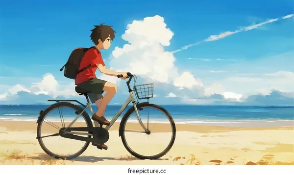A Boy Cycling on a Scenic Beach with Clear Sky