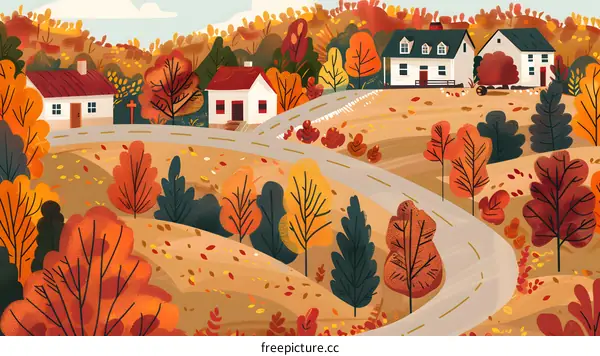 Autumn Landscape with Winding Road and Houses
