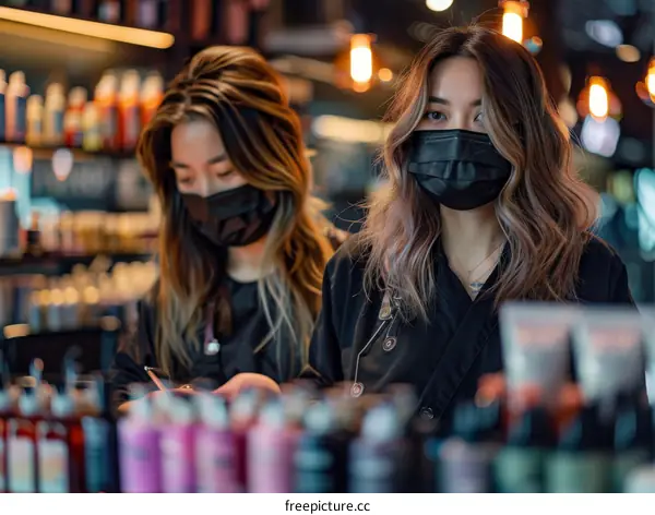 Two Asian women wearing black masks standing in a hair salon