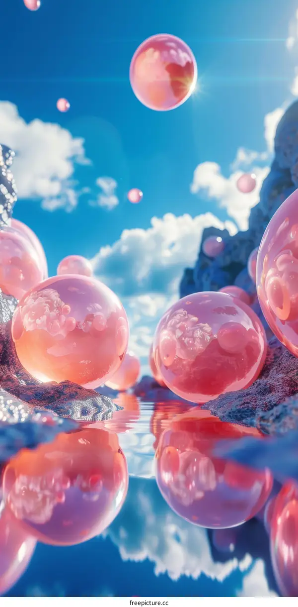 Pink Bubbles Floating in a Blue Sky with White Clouds