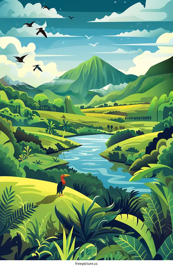 Tropical Landscape with River and Mountain