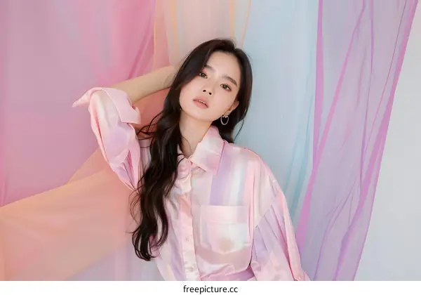 Portrait of Asian Woman with Long Hair Wearing Pink Shirt Against Pastel Colored Fabric Background
