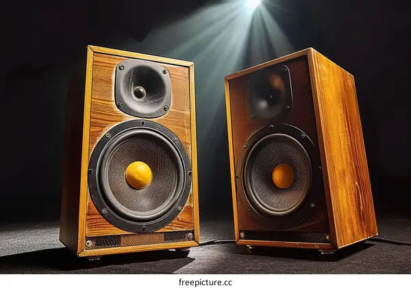 Two vintage speakers on a stage with a spotlight