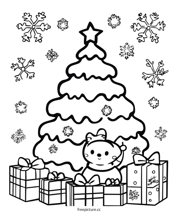 Christmas Tree Coloring Page with a Cute Cat