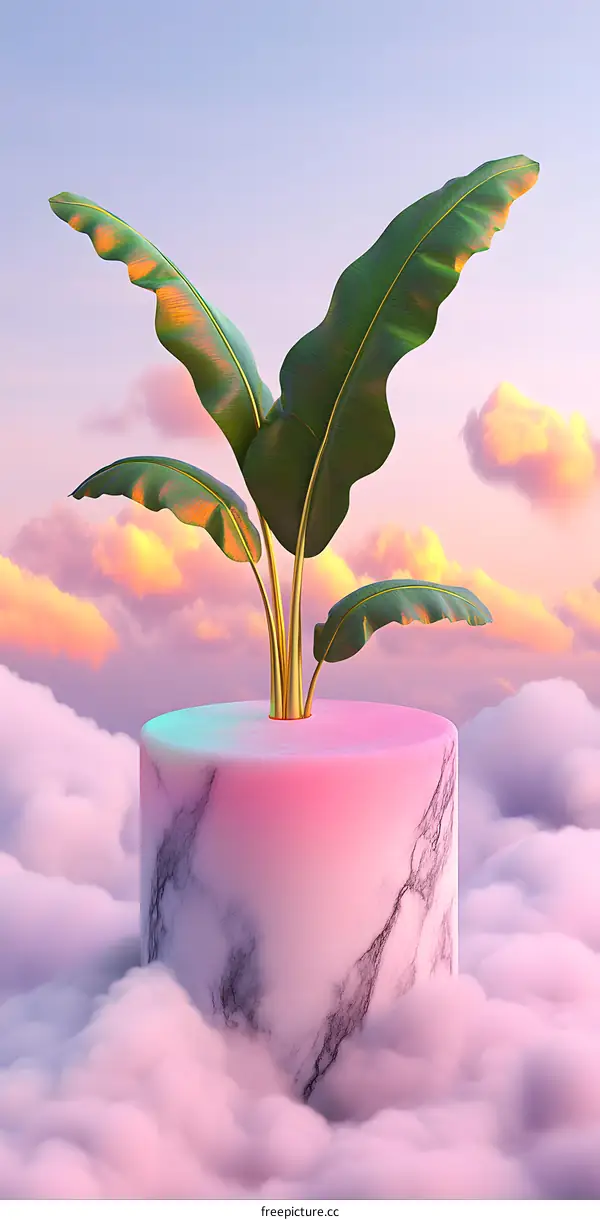 Tropical Plant on Marble Platform in the Clouds