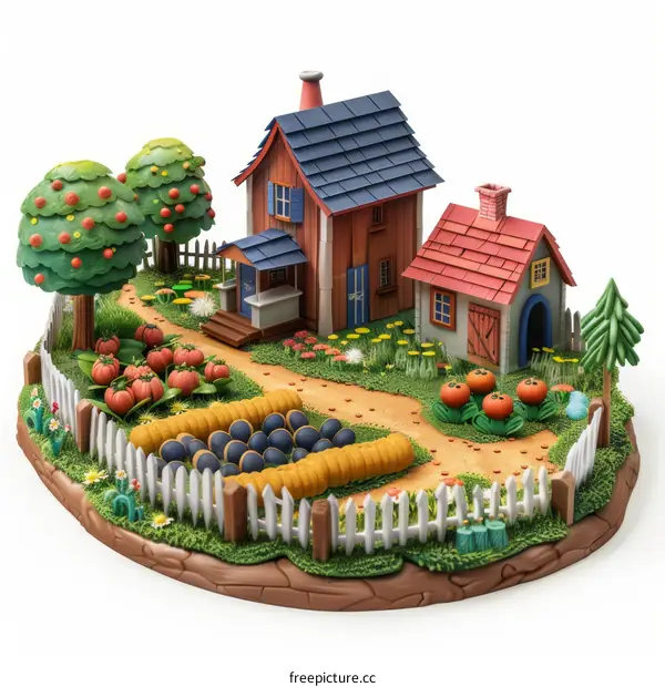A small farm with a house, barn, garden, and trees