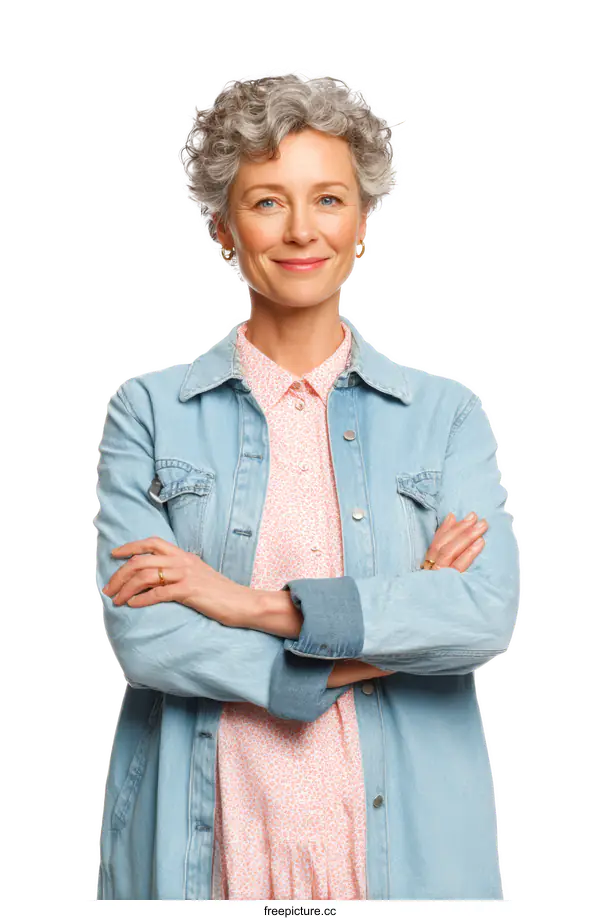 [Transparent Background PNG]Confident Senior Woman in Casual Denim Jacket
