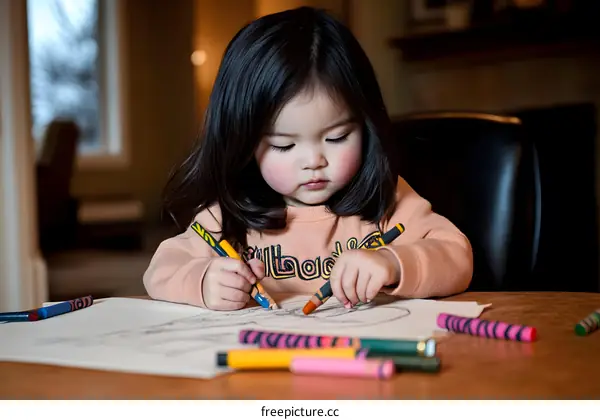 Young Asian Girl Coloring with Crayons at a Table