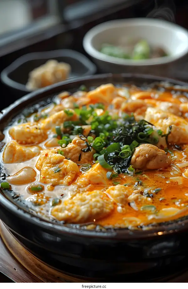 Close Up of Spicy Tofu Soup with Green Onions