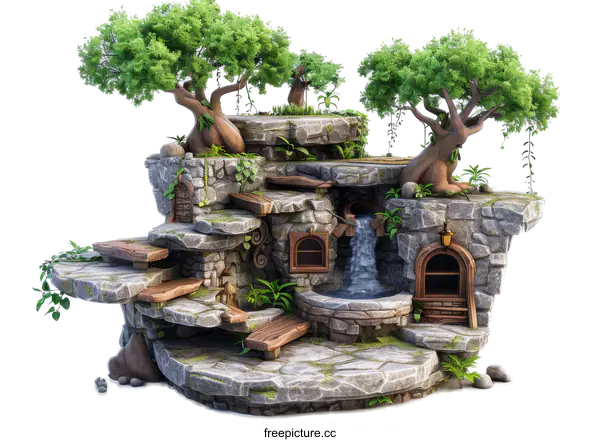 [Transparent Background PNG]Fantasy stone house with trees