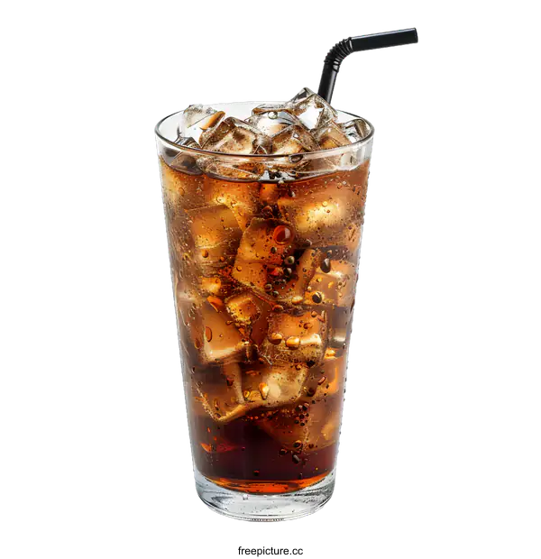 [Transparent Background PNG]Glass of Cola with Ice and Straw on White Background