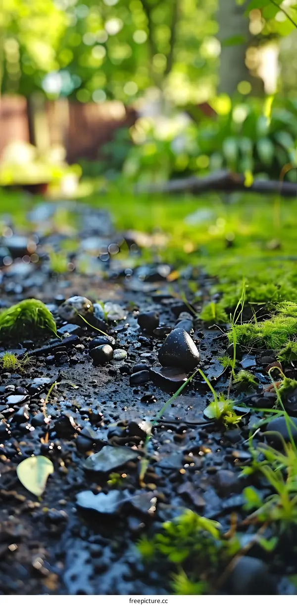 Close Up of Moss Covered Rocks in a Garden Path