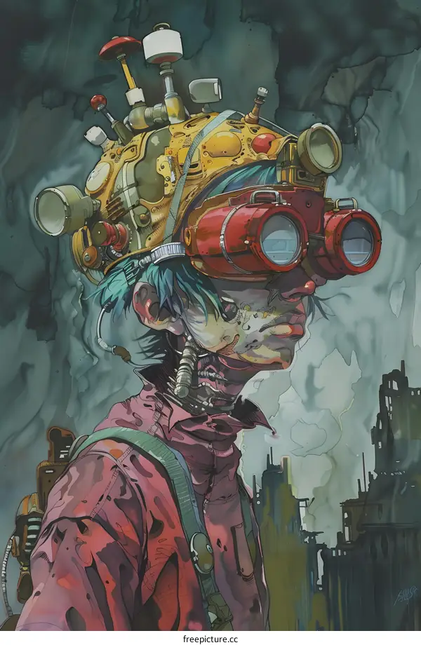 Cyberpunk Illustration of a Person with a Steampunk Helmet and Goggles