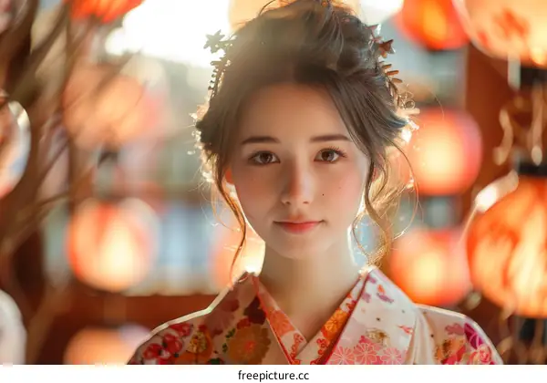 Beautiful Japanese Woman Wearing Traditional Kimono in Front of Red Lanterns