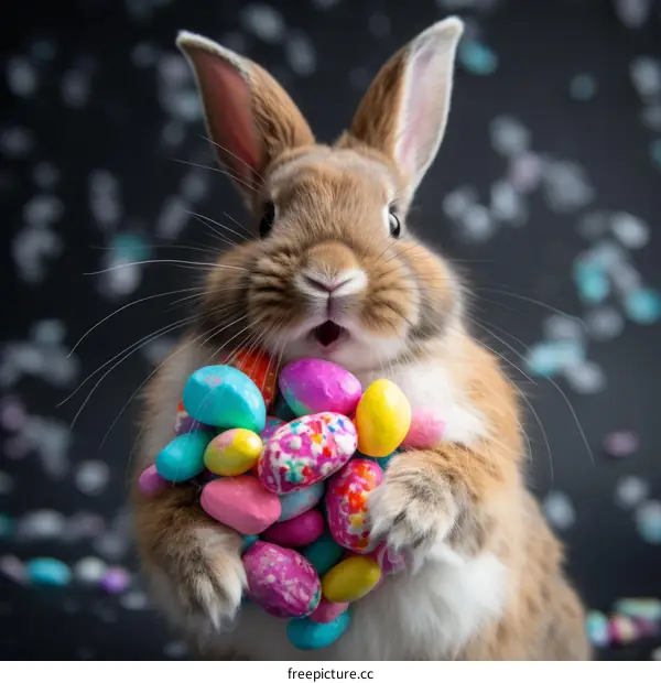 A cute brown bunny holding a bunch of colorful Easter eggs in its paws