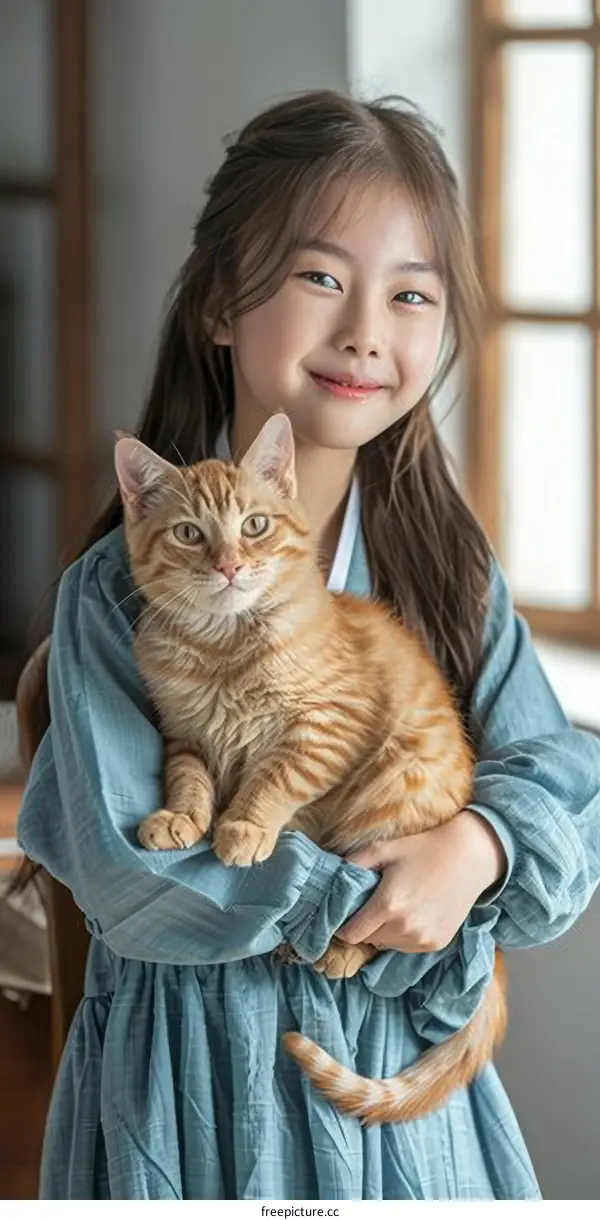A young girl in a blue dress is holding an orange cat.