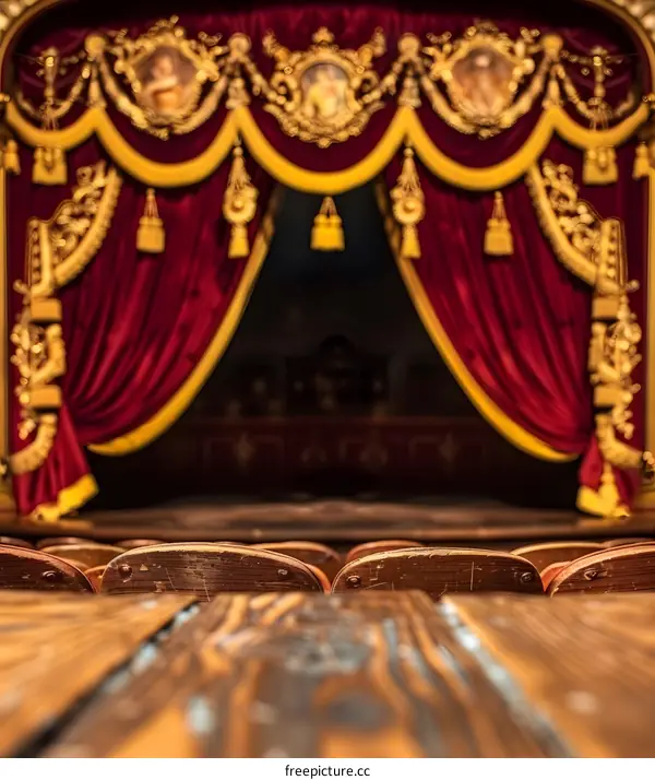 Red Curtains and Wooden Seats in a Theater
