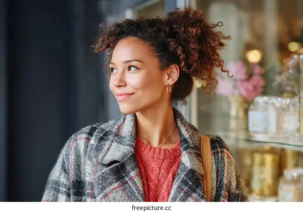 Stylish African American Woman Outdoors in a Plaid Coat
