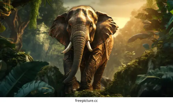 Elephant walking through dense jungle